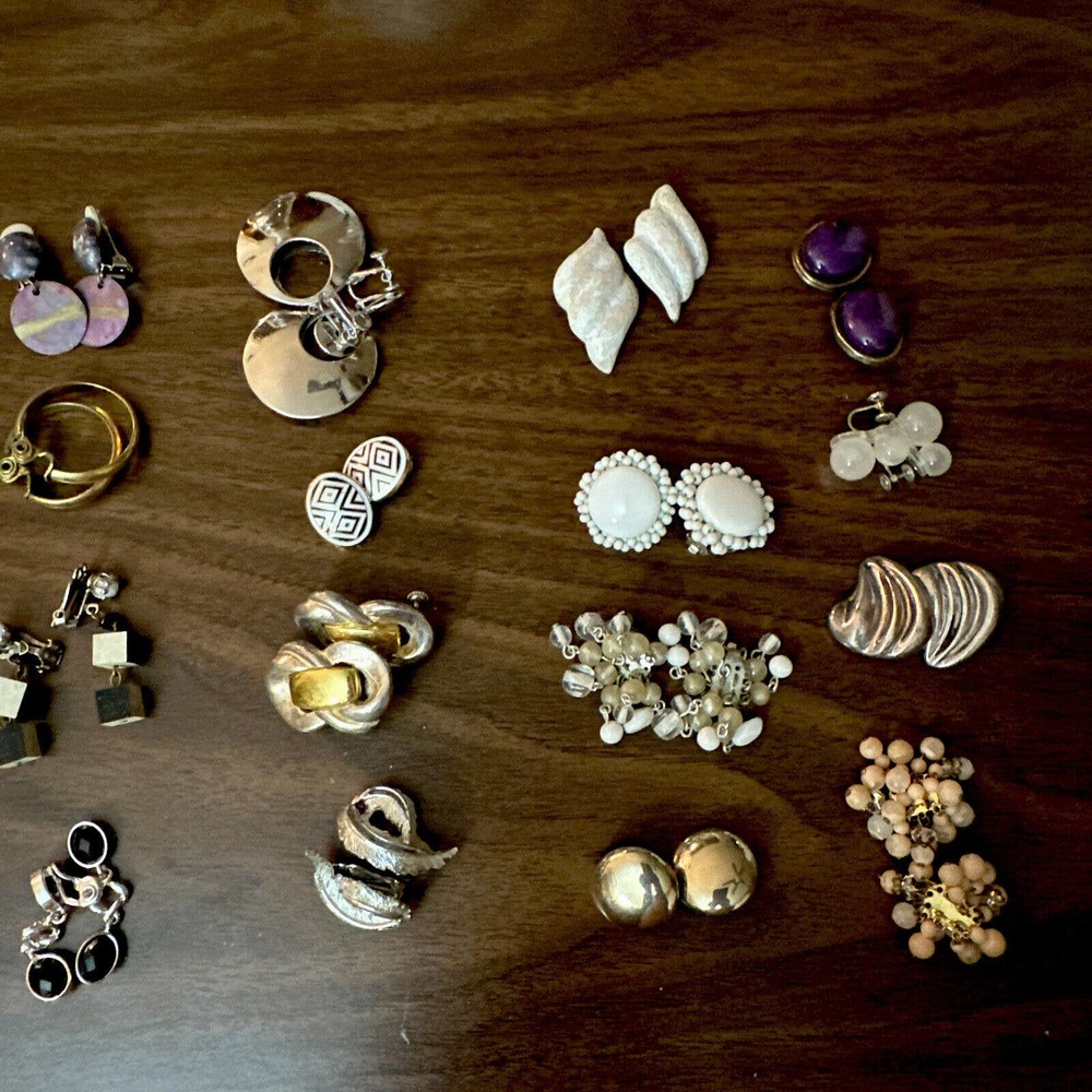 Lot (16) Vintage Clip On + Screw Back Earrings: Beaded Cluster Dangle More!